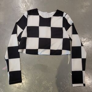 Wednesday Inspired Black and White Checkered Long Sleeve Crop Top Xs